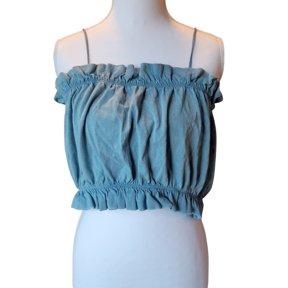 Zara Blue Ruffle Trim Cotton Spaghetti Strap Crop Top